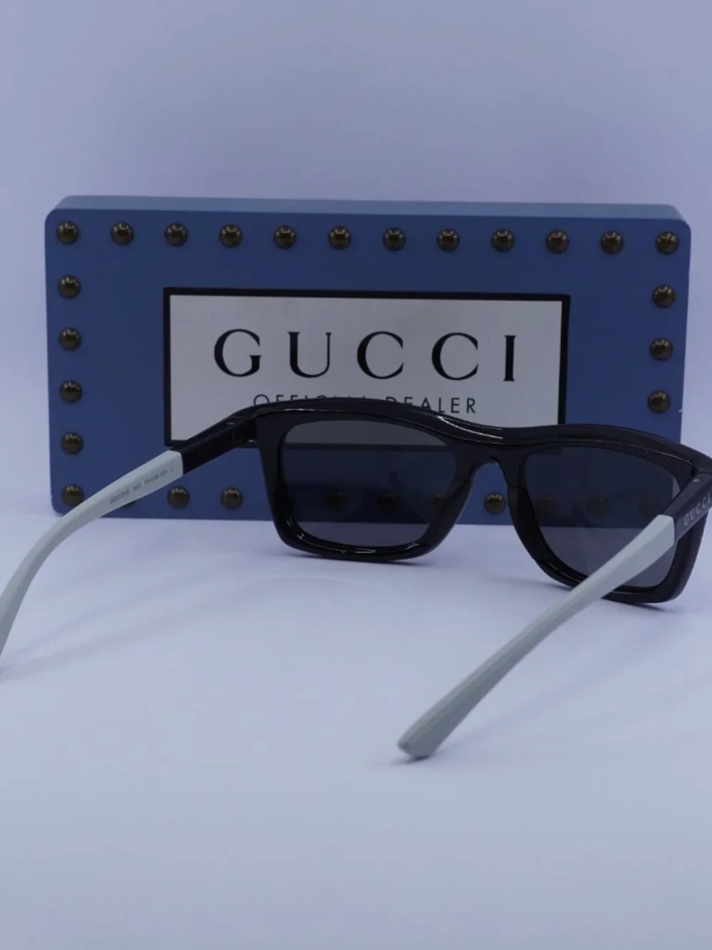 Gucci GG1735S 002 Rectangle Sunglasses - Black/White \ Blue Mirror